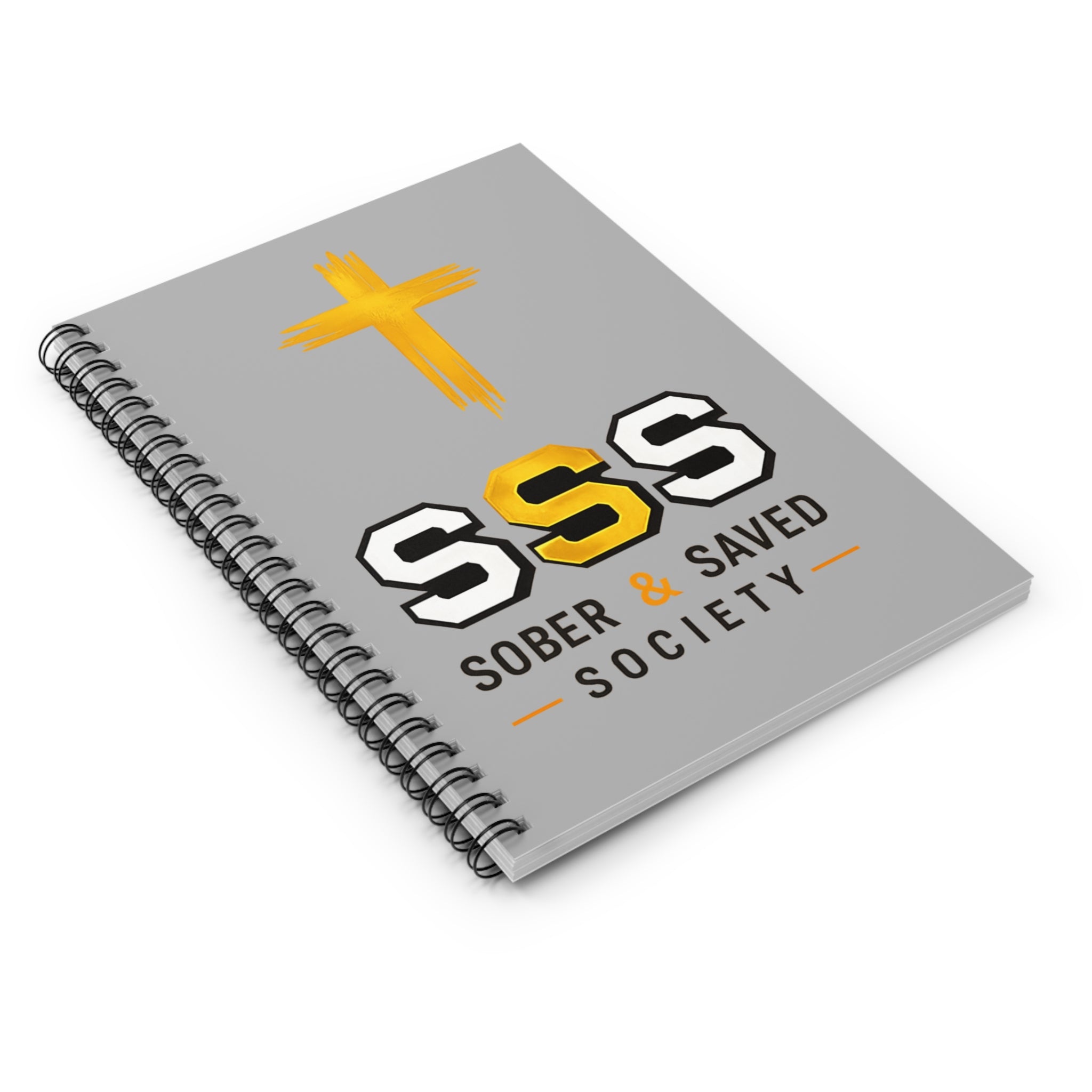 Sober & Saved Society Spiral Notebook — Christian Journal with Gold Cross (Ruled)
