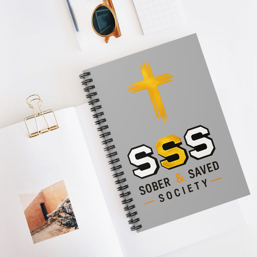 Sober & Saved Society Spiral Notebook — Christian Journal with Gold Cross (Ruled)